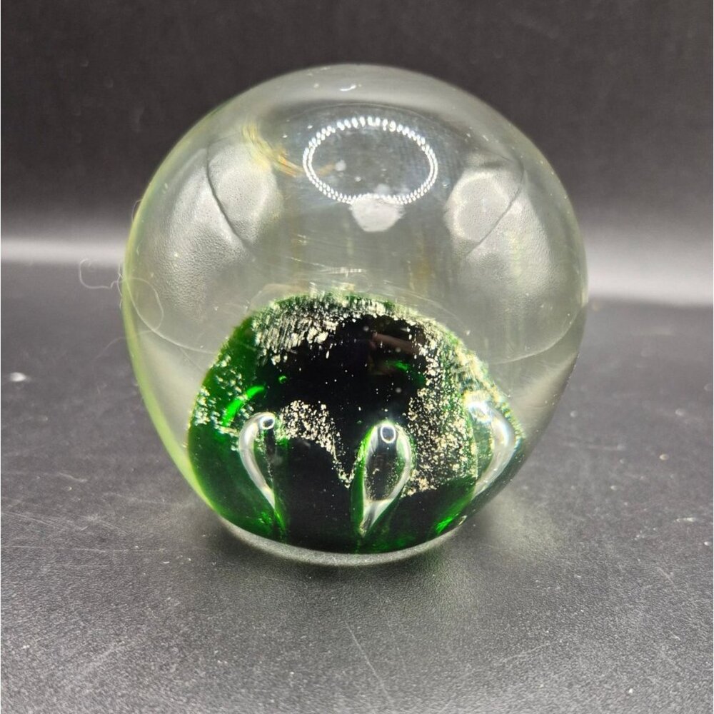 Handmade Glass Paperweight With Swirling Green & Silver Accents